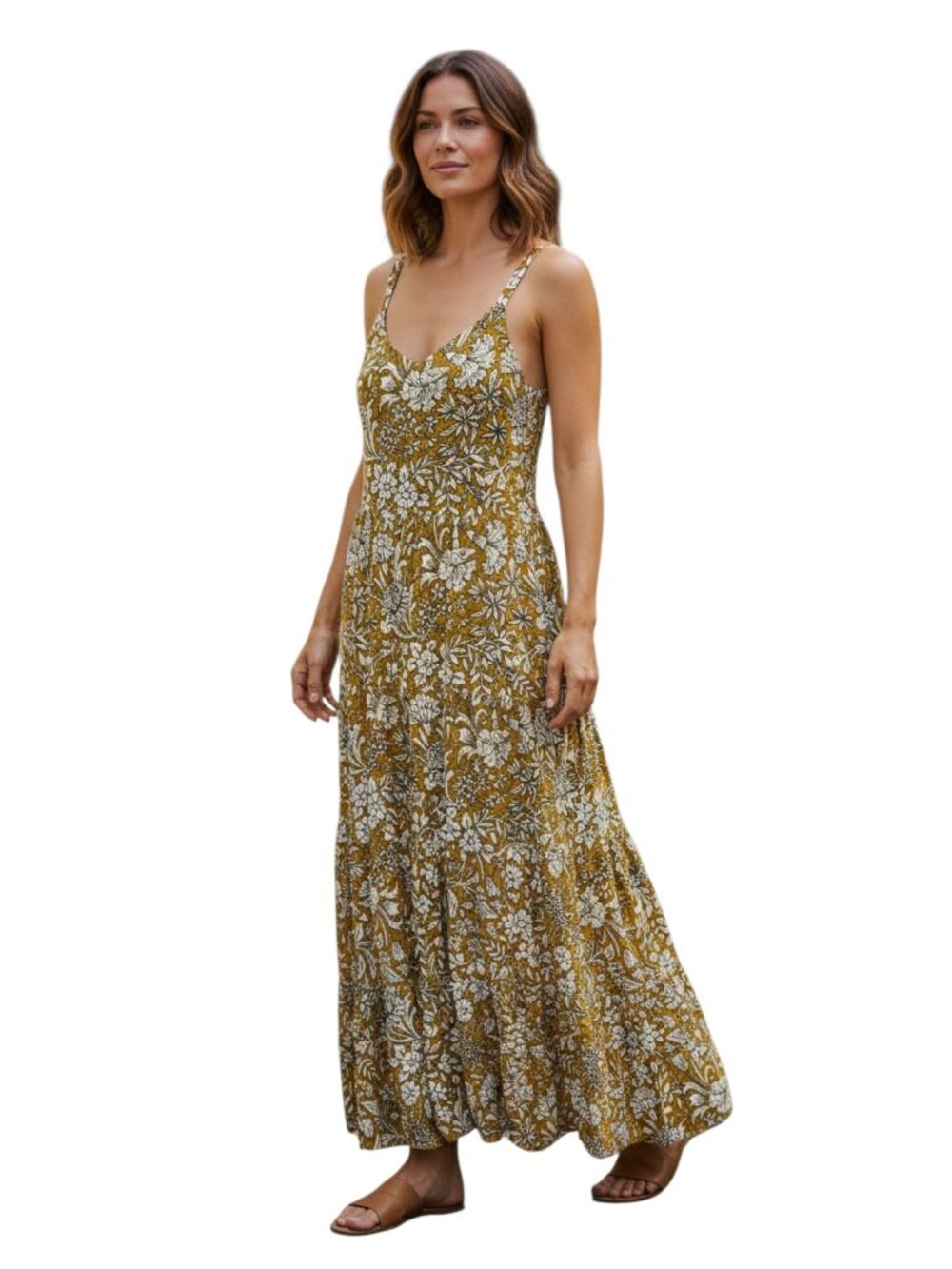 Rachel Ashwell Gold White Floral Smocked Back Tiered Maxi Dress